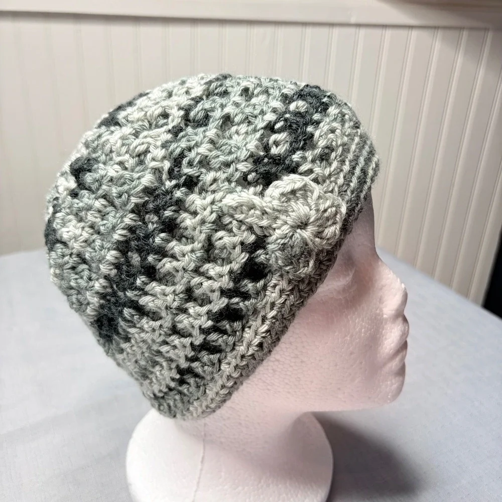 Handmade Crochet Beanie OS Gray Black Variegated Knit Flower Skull Cap